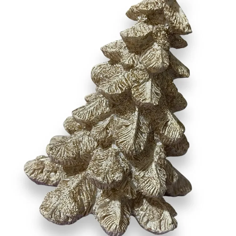 Decorative Figurine Christmas Tree Gold Ivory White Glittered 6 IN Tall Chic EUC